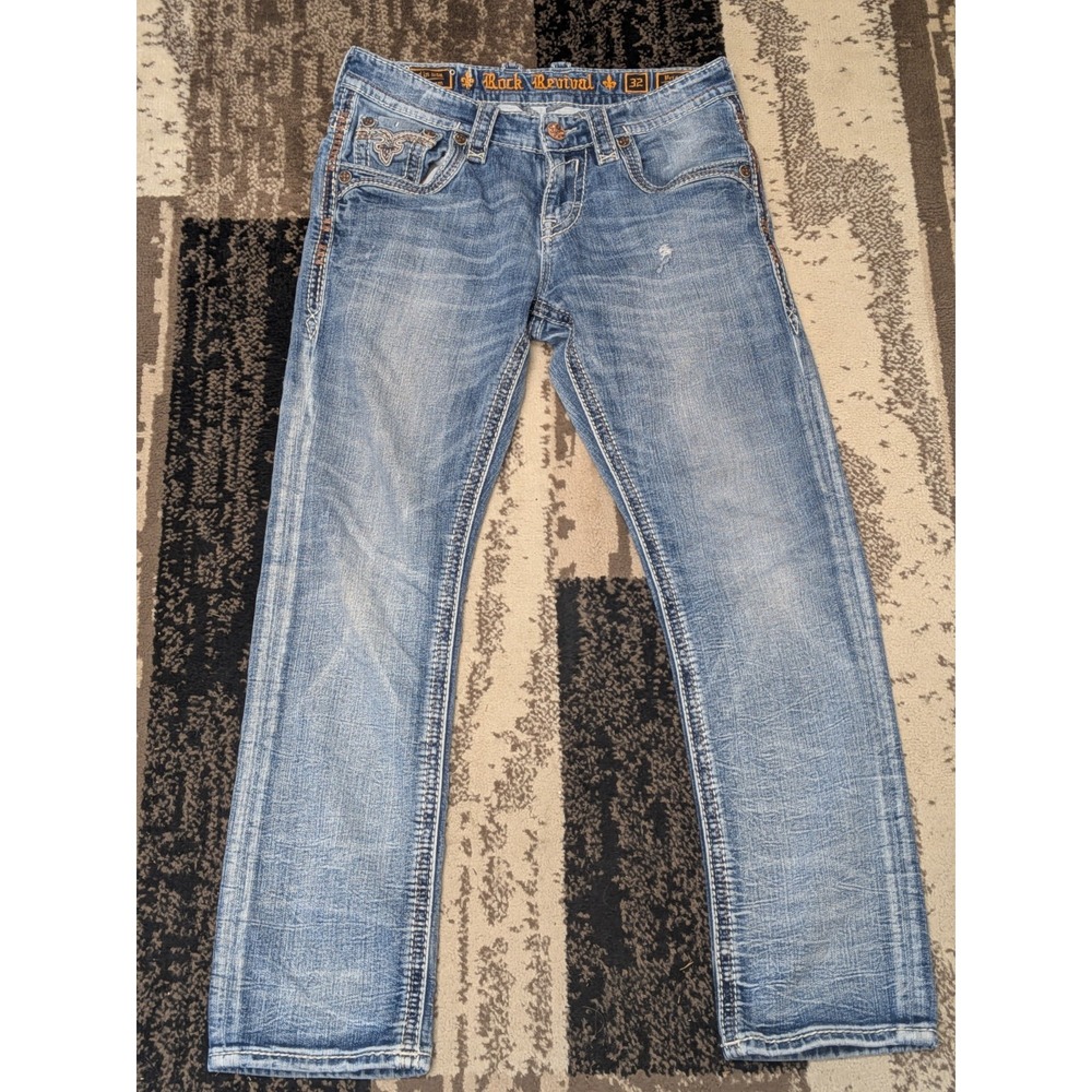 Rock Revival Men's Blue Priam Straight Jeans Denim Distressed Fit 32x29